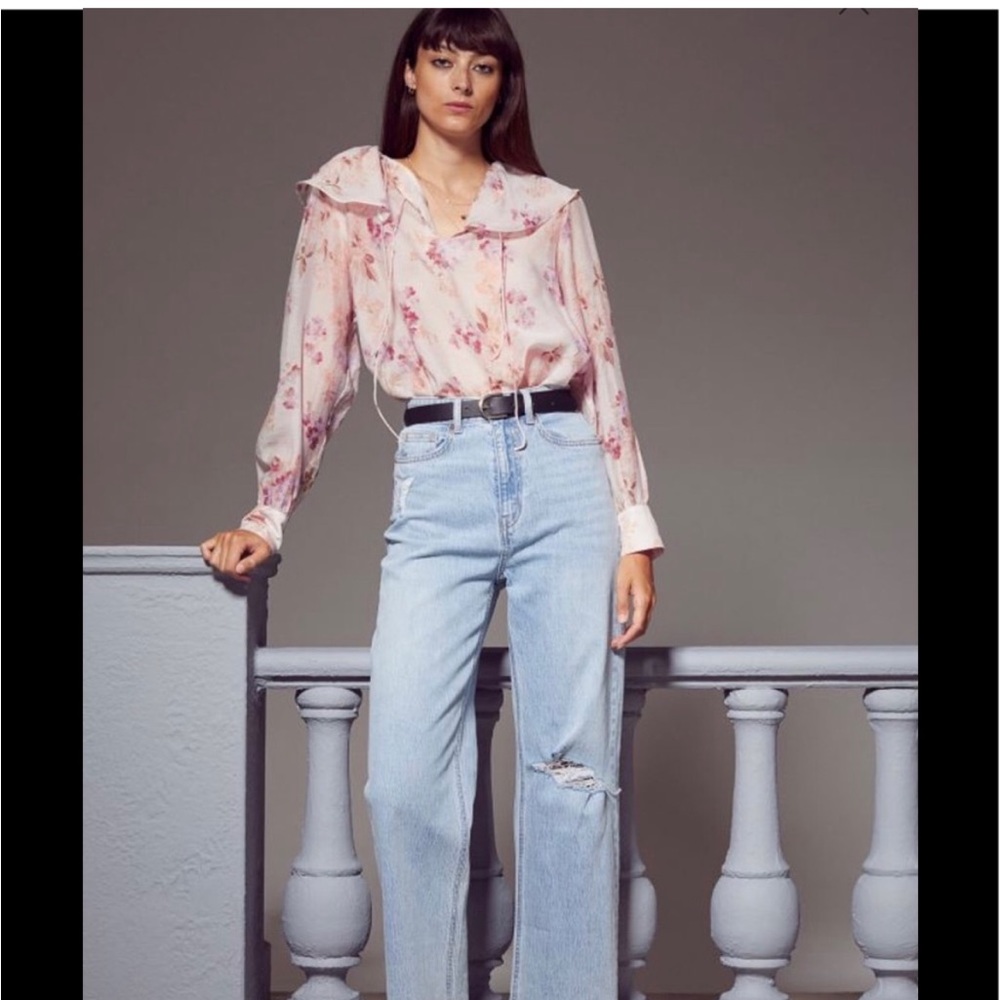 H&M Flounce Collar Blouse Sheer Pink Floral Large L